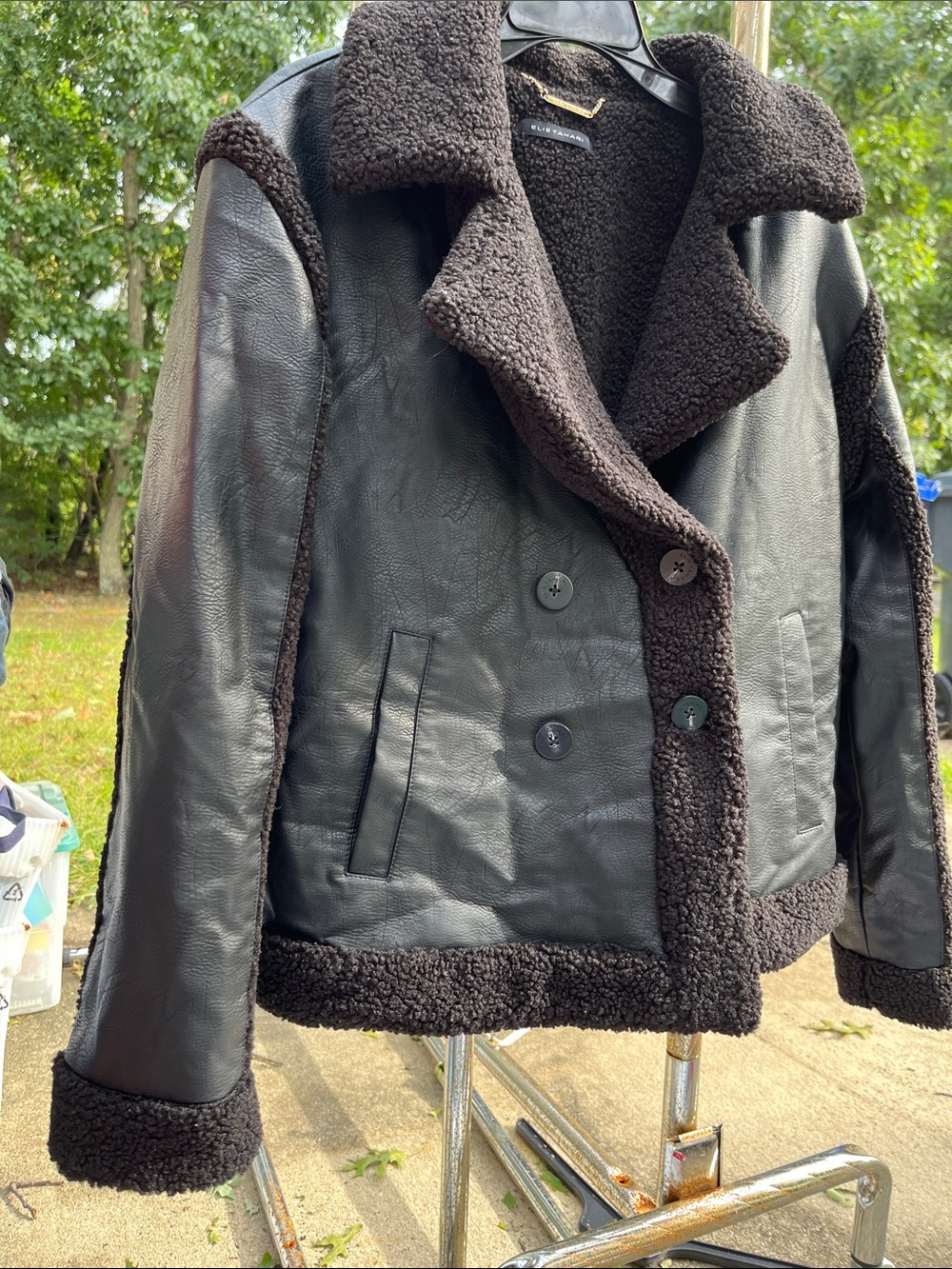 Elie Tahari Black Faux Shearling Double-Breasted Jacket large/ extra large